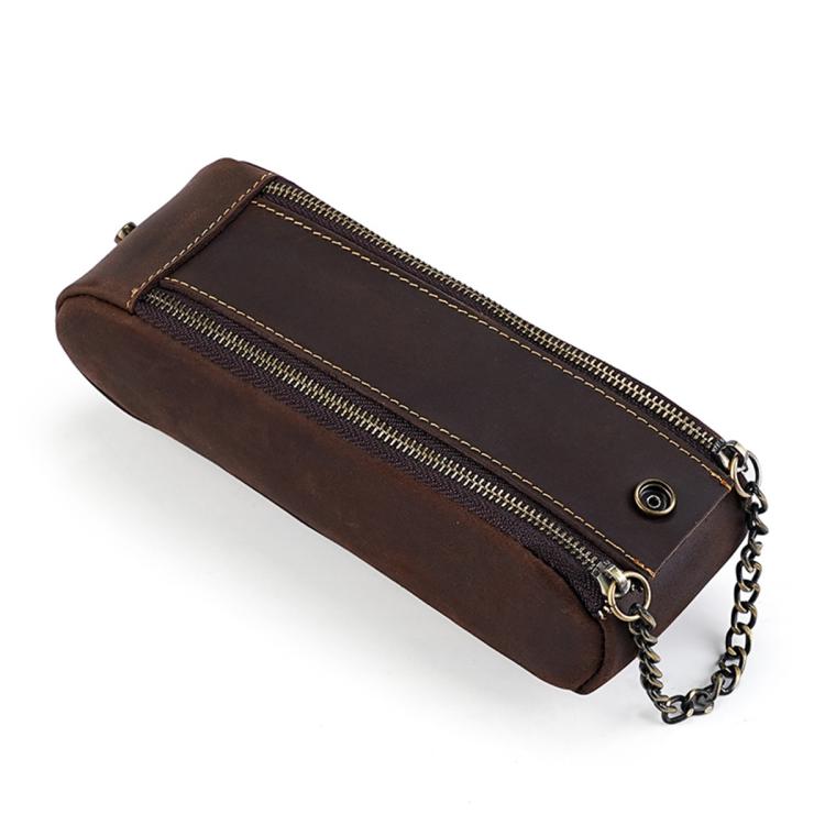 Vintage Genuine Leather Portable Double Zippers Pen Pouch Pencil Case — Black