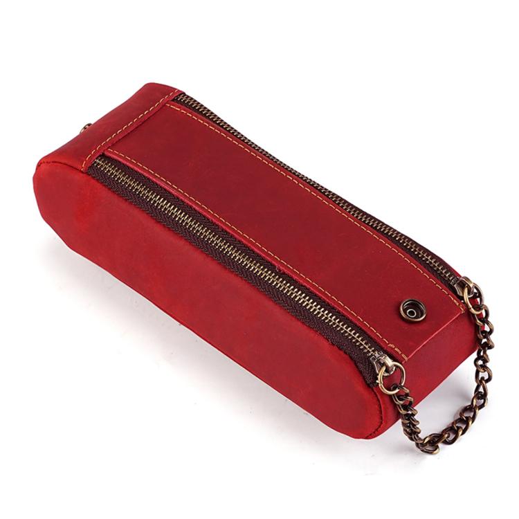 Vintage Genuine Leather Portable Double Zippers Pen Pouch Pencil Case — Coffee