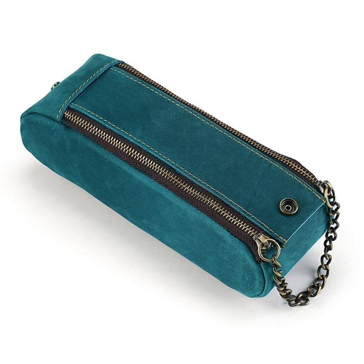 Vintage Genuine Leather Portable Double Zippers Pen Pouch Pencil Case — Green