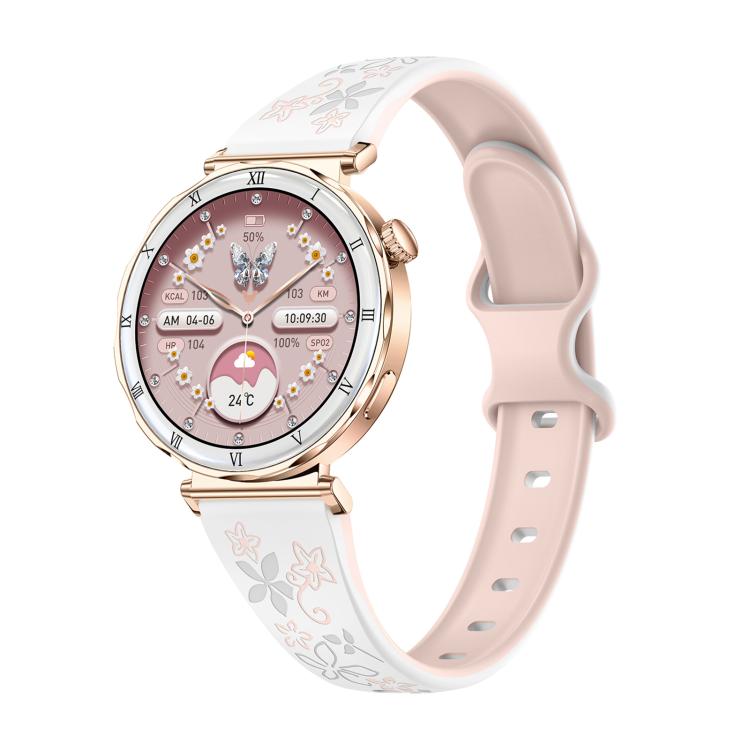 QS22 1.19-inch AMOLED Display Women Smart Sports Watch — Gold Case Pink White Silicone Strap