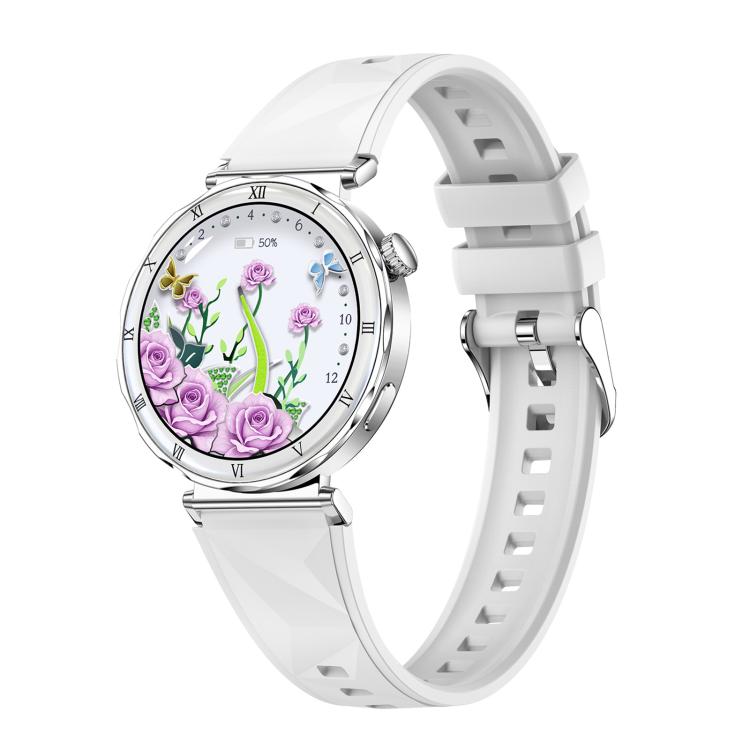 QS22 1.19-inch AMOLED Display Women Smart Sports Watch — Silver Case White Silicone Strap