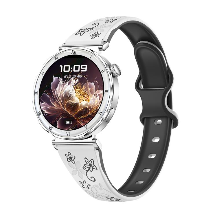 QS22 1.19-inch AMOLED Display Women Smart Sports Watch — Silver Case Black White Silicone Strap
