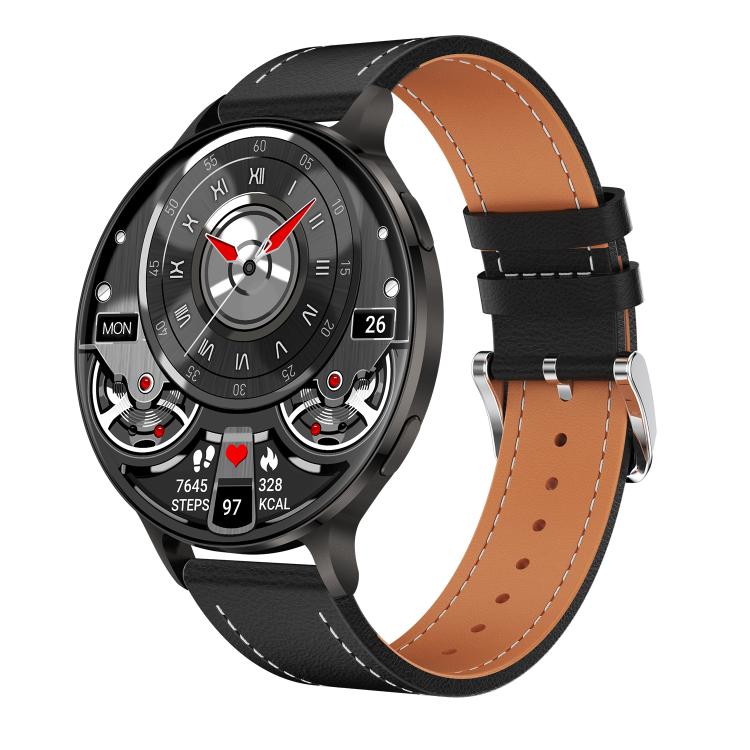 QS07 1.75 inch AMOLED Round Screen Smart Watch, Support Health Monitoring — Gold Leather Strap