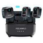 FEELWORLD LM1 Wireless Lavalier Microphone for Phone Computer Camera, 2TX + 1RX + Charging Case — Black