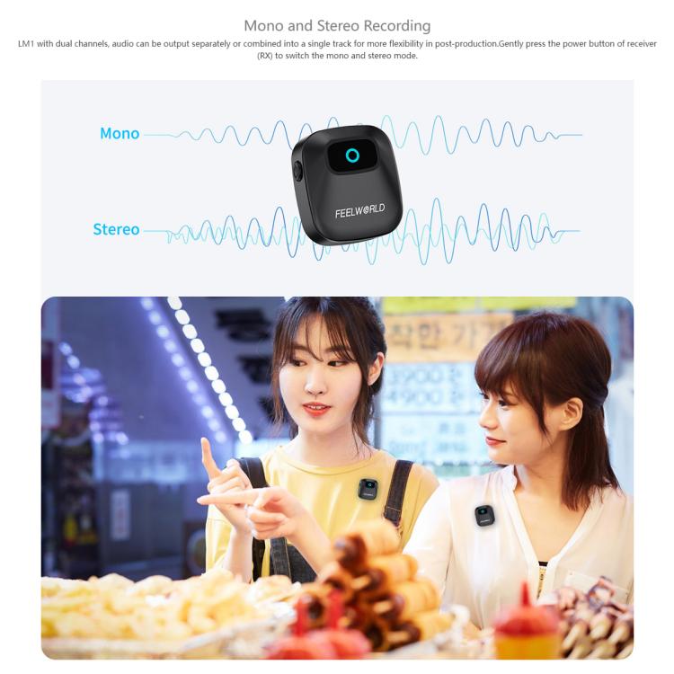 FEELWORLD LM1 Wireless Lavalier Microphone for Phone Computer Camera, 2TX + 1RX + Charging Case — view 9