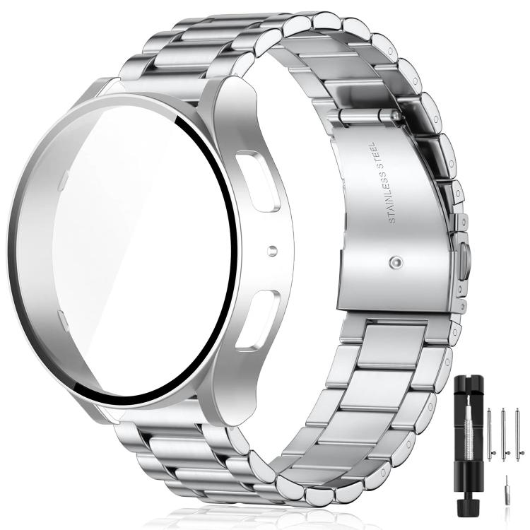 Tri-Beads Stainless Steel Watch Band with Film Integrated PC Case and Strap Link Remover Set — For Samsung Galaxy Watch4 44mm