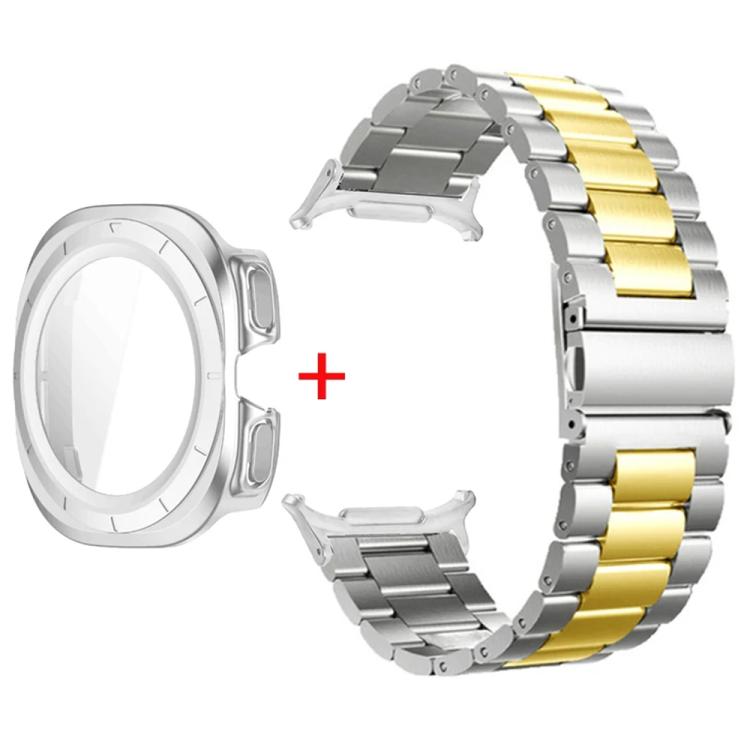Three Beads Stainless Steel Watch Band with Film Integrated PC Case Set — Silver