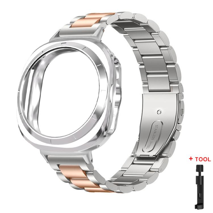 Three Beads Stainless Steel Watch Band with Semi-Enclosed TPU Case and Strap Link Remover Set — Silver Black