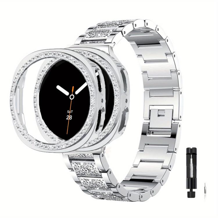 Three Beads Diamond Metal Watch Band with Hollow Diamond Case and Strap Link Remover Set