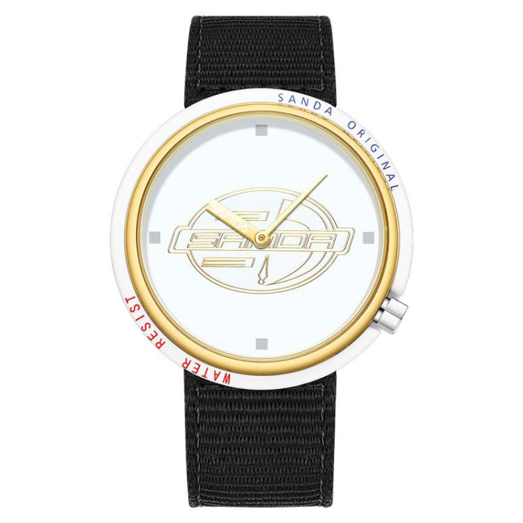 SANDA 3202 Slim Silent 3ATM Waterproof Student Watch with Nylon Strap — Green Case / Black-Beige