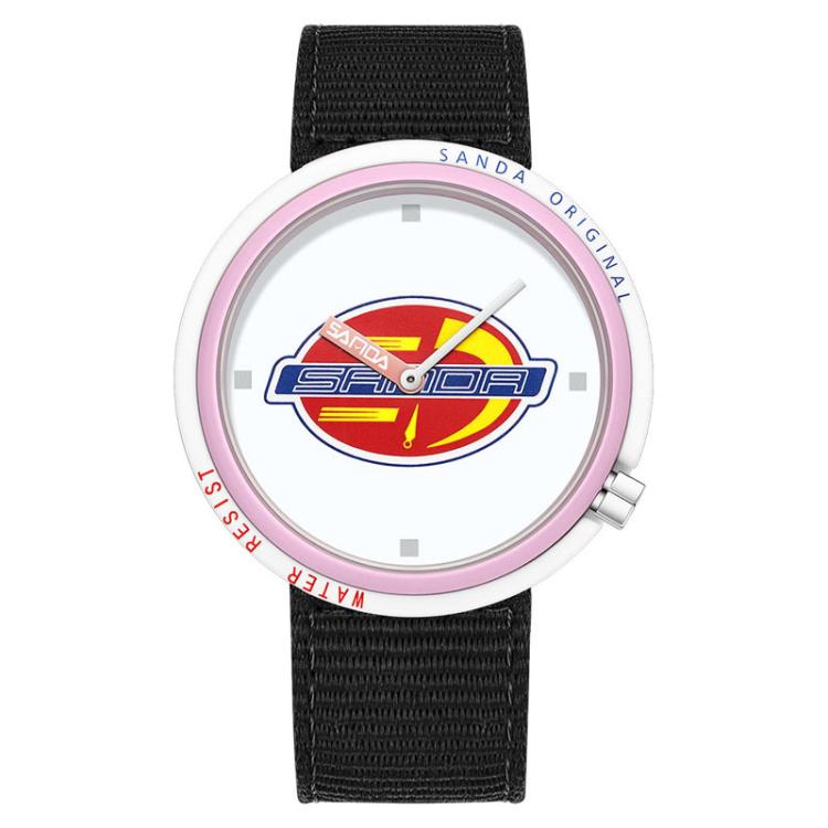 SANDA 3202 Slim Silent 3ATM Waterproof Student Watch with Nylon Strap — White-Gold Case / Red-Beige
