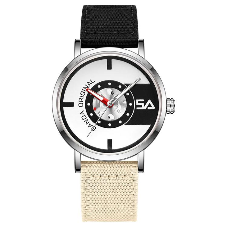 SANDA 3217 Preppy Style 5ATM Waterproof Student Watch with Nylon Strap — Red-Beige Strap / Silver-Black