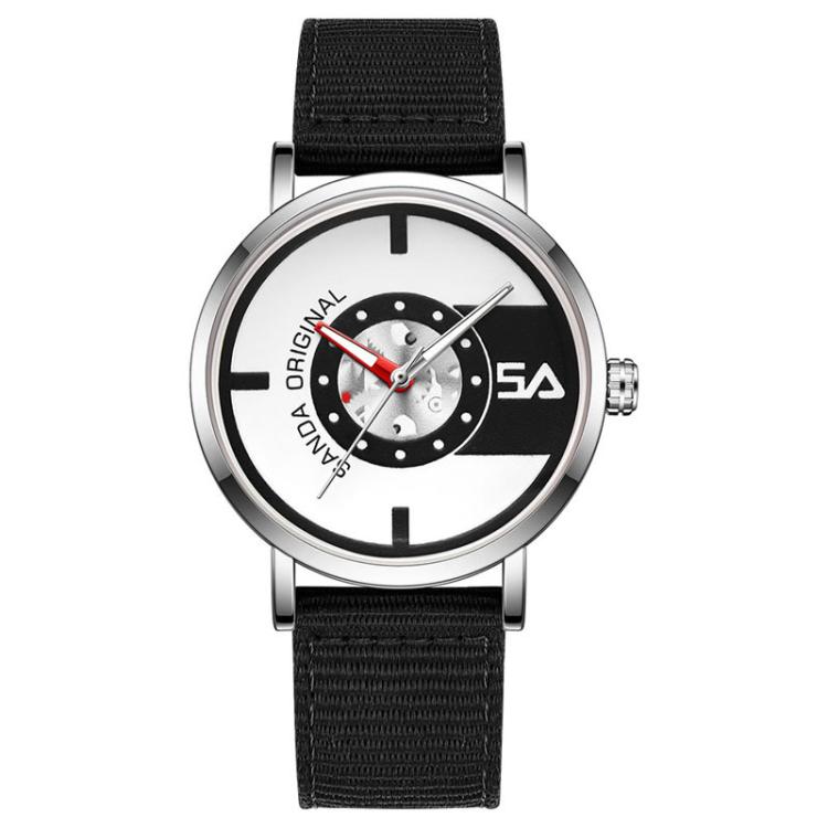 SANDA 3217 Preppy Style 5ATM Waterproof Student Watch with Nylon Strap — Black Strap / Silver-Yellow