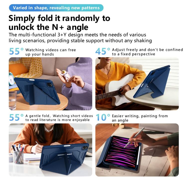 Tri-fold Pivot Holder Flip Vegan Leather Tablet Case with Pen Slot — Blue