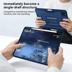 Tri-fold Pivot Holder Flip Vegan Leather Tablet Case with Pen Slot — Black Blue