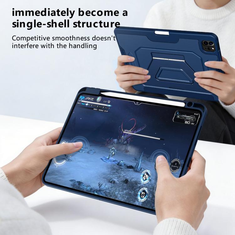 Tri-fold Pivot Holder Flip Vegan Leather Tablet Case with Pen Slot — Black Blue