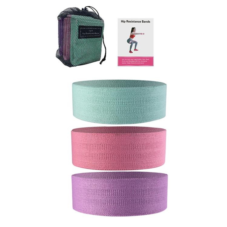 Knitted Yoga Resistance Band Glute Training Assistance Stretching Elastic Band — Cyan, Pink, and Purple Set with label