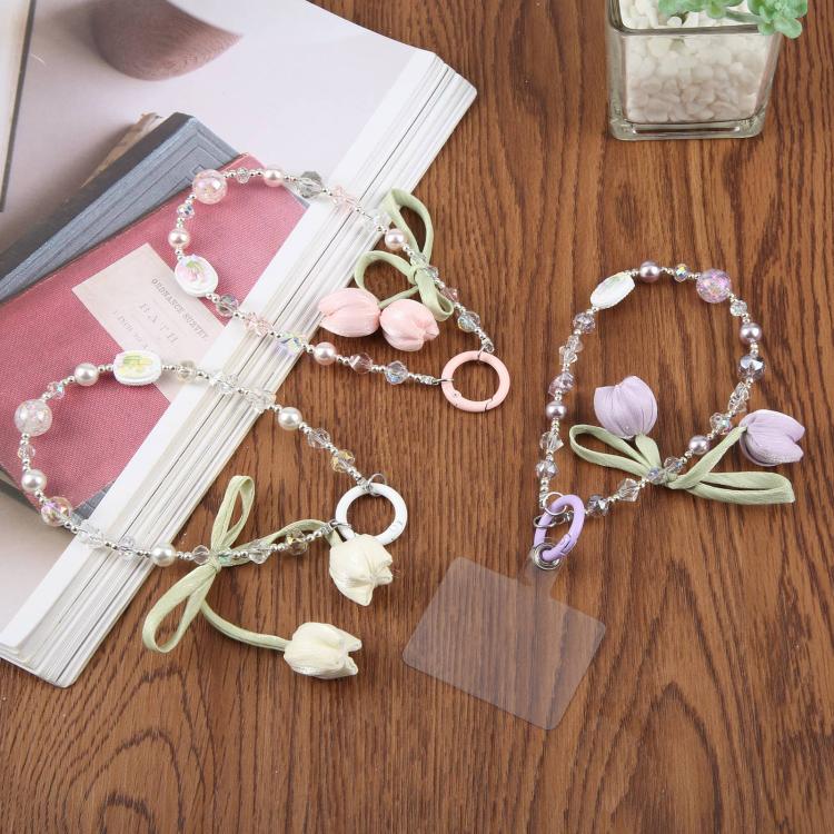 Tulip Flower Beaded Phone Charm Wrist Strap with Tether Pad for Women Girls — White