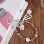 Tulip Flower Beaded Phone Charm Wrist Strap with Tether Pad for Women Girls — view 5