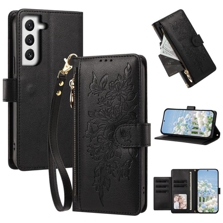 Butterfly Flower Zipper Wallet Vegan Leather Phone Case with Strap