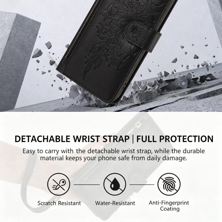 Butterfly Flower Zipper Wallet Vegan Leather Phone Case with Strap