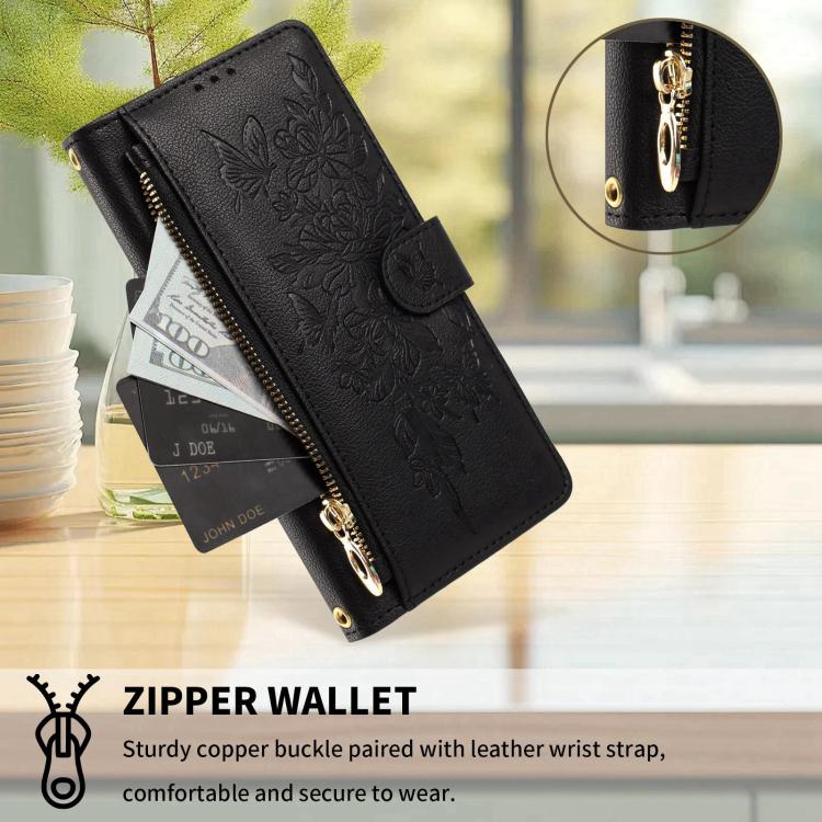 Butterfly Flower Zipper Wallet Vegan Leather Phone Case with Strap