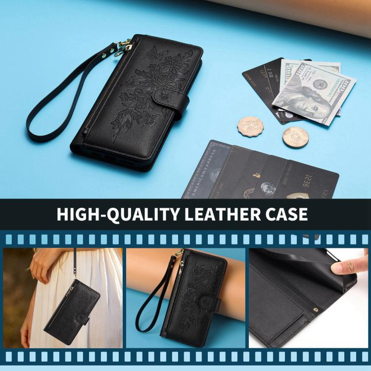 Butterfly Flower Zipper Wallet Vegan Leather Phone Case with Strap