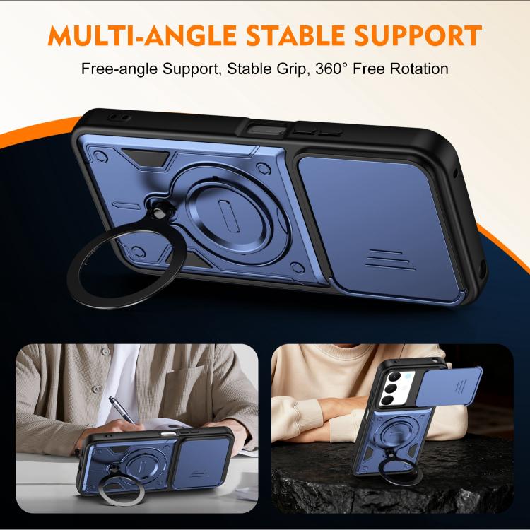 Ring Holder Lens Slide Cover Phone Case — Orange