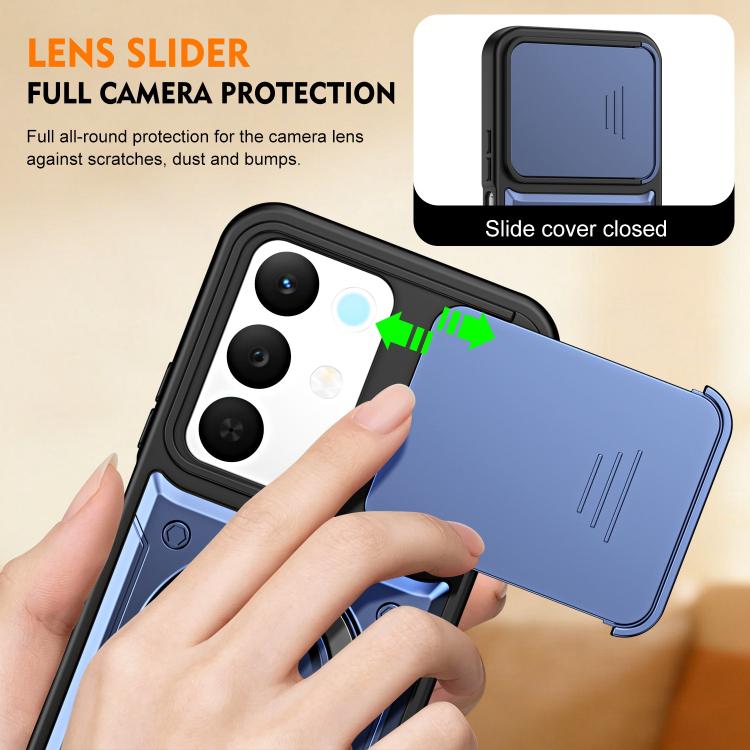 Ring Holder Lens Slide Cover Phone Case — Blue