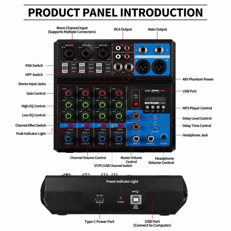 F-5A Multi-function Professional 5-way Recording Mixer Bluetooth Live Streaming Sound Card — view 5
