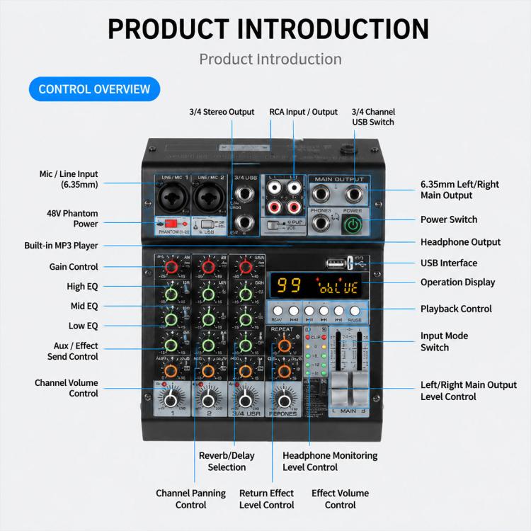 TP-6M 6-Channel Multi-function Professional Recording Mixer Bluetooth Sound Card — view 5