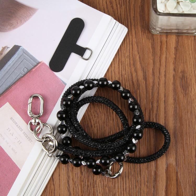 Sparkling Rhinestone Pearl Phone Lanyard with Detachable Crystal Beads — Black