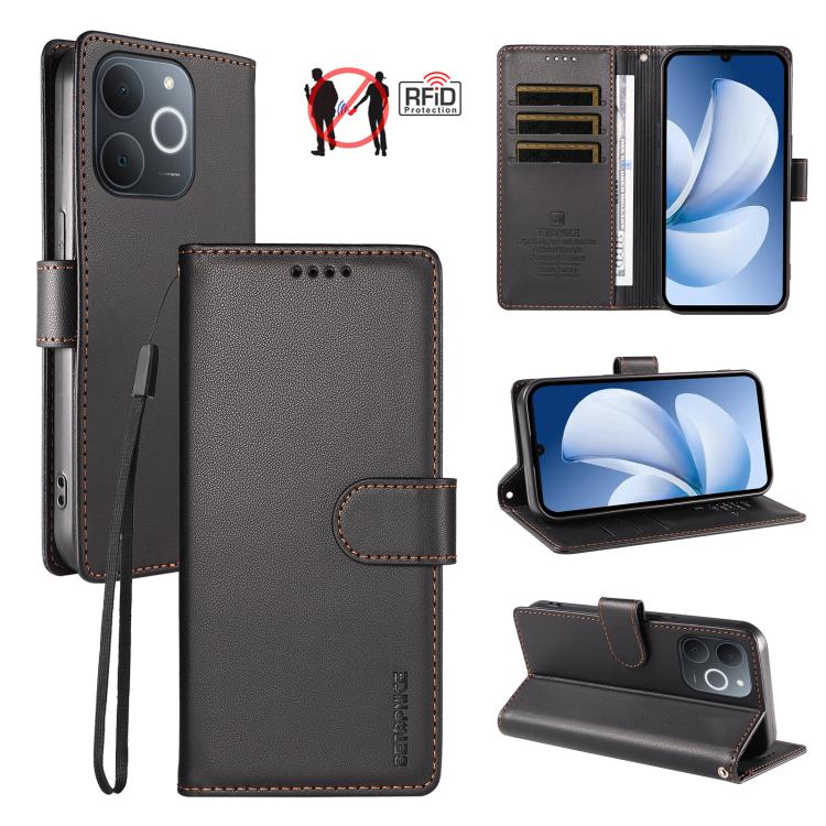 BETOPNICE Pearlescent RFID Vegan Leather Phone Case with Strap — Black