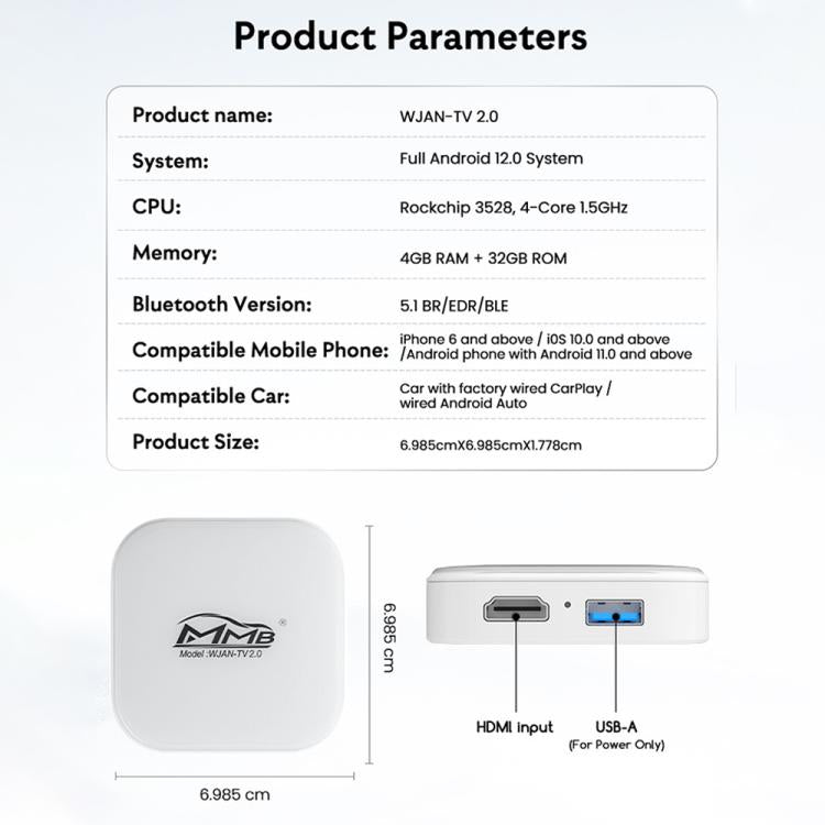 MMB WJAN-TV 2.0 Car AI Box Wired to Wireless Android Auto CarPlay Adapter — view 9