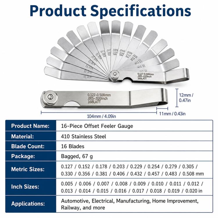 16 in 1 Stainless Steel Elbow Gauge Gap Ruler, Specifications:0.015-0.035mm
