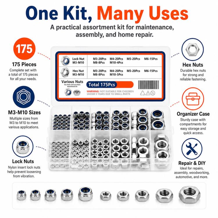 175PCS Lock Nuts and Hexagonal Nut Plug Set