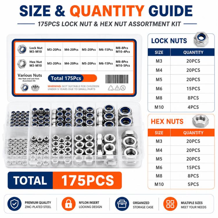 175PCS Lock Nuts and Hexagonal Nut Plug Set