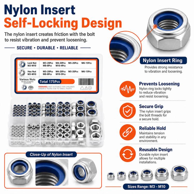 175PCS Lock Nuts and Hexagonal Nut Plug Set