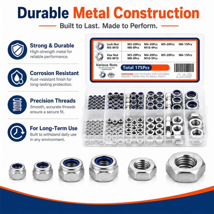 175PCS Lock Nuts and Hexagonal Nut Plug Set
