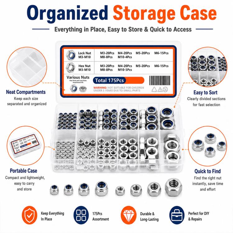 175PCS Lock Nuts and Hexagonal Nut Plug Set