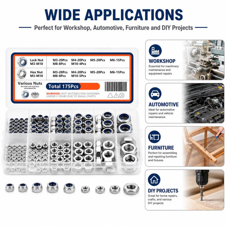 175PCS Lock Nuts and Hexagonal Nut Plug Set