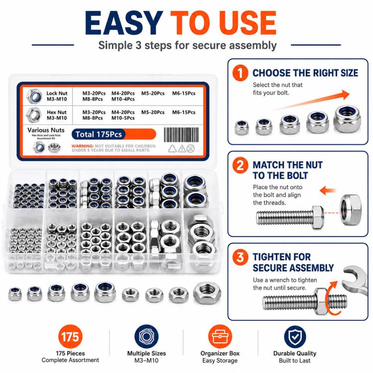 175PCS Lock Nuts and Hexagonal Nut Plug Set
