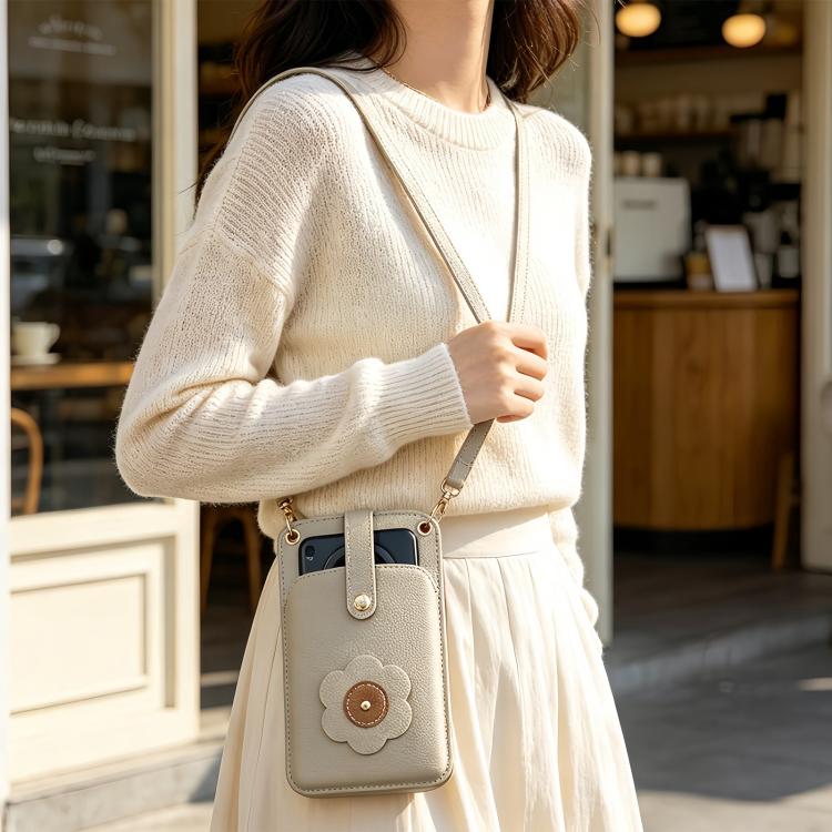 Flower Buckle Leather Crossbody Phone Bag For Phones 6.9 inch and Under — Khaki