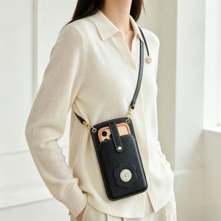 Flower Buckle Leather Crossbody Phone Bag For Phones 6.9 inch and Under — Black
