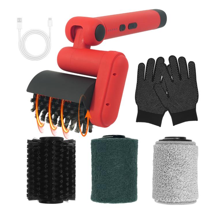 Electric BBQ Rack Cleaning Brush with 3 Replaceable Brush Heads & Gloves — 红色