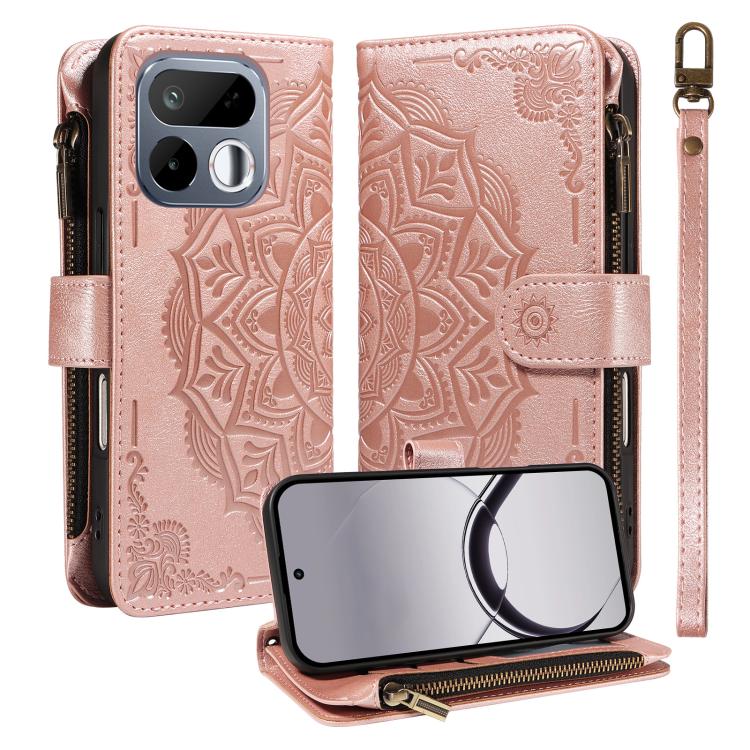 Mandala Embossed 9-Card Zipper RFID Vegan Leather Phone Case with Short Lanyard