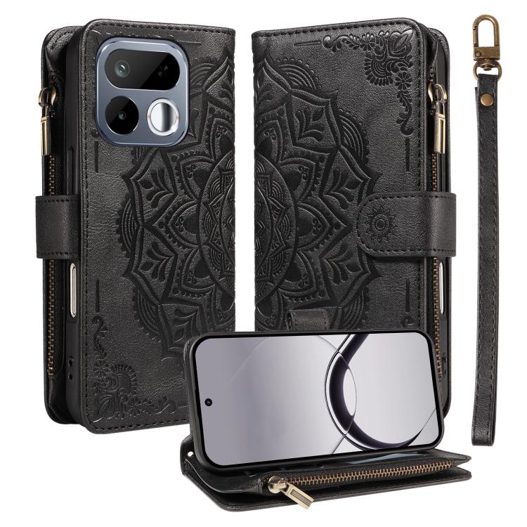 Mandala Embossed 9-Card Zipper RFID Vegan Leather Phone Case with Short Lanyard — Wine Red