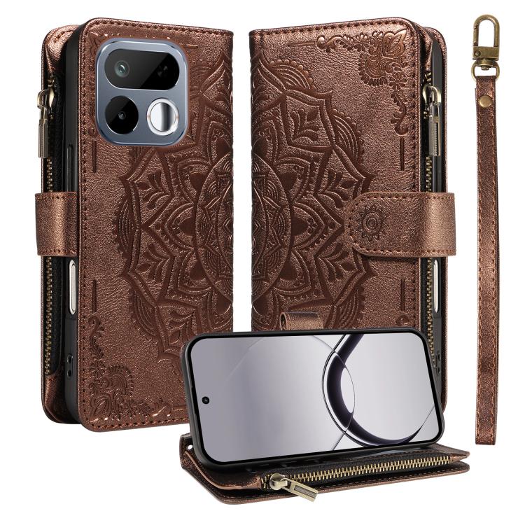 Mandala Embossed 9-Card Zipper RFID Vegan Leather Phone Case with Short Lanyard — Purple