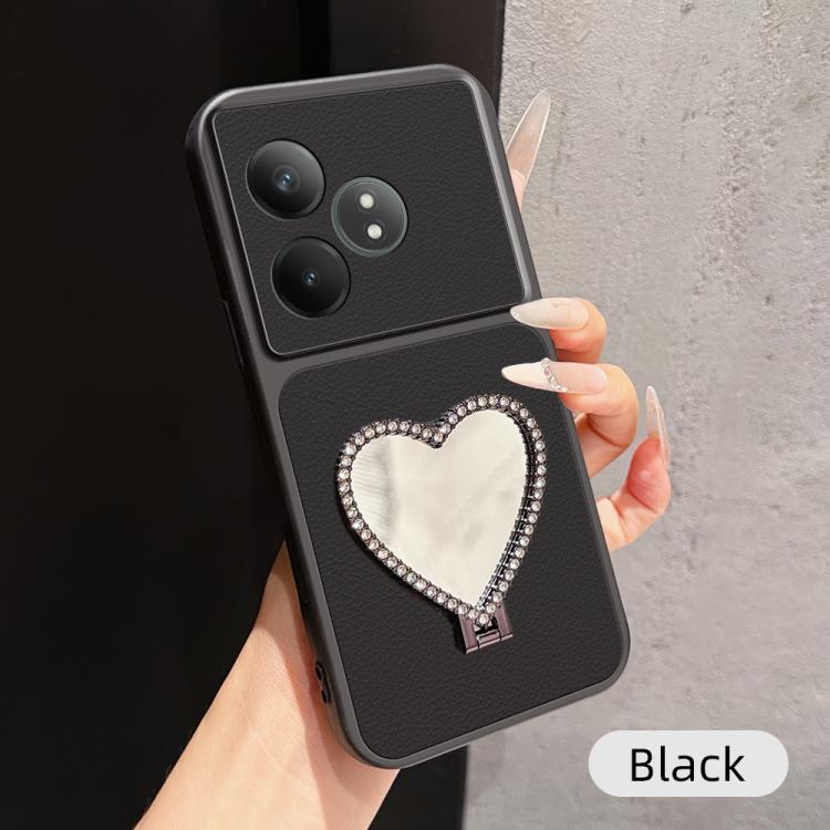 Lambskin Series Skin Feel Shockproof Phone Case with Heart Mirror Holder — Black