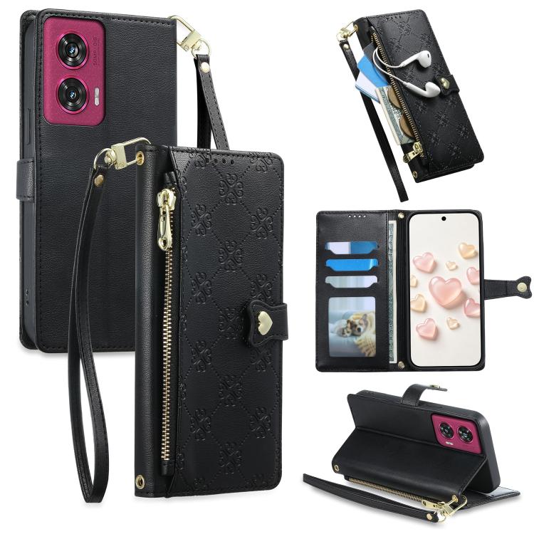 Zipper Wallet Heart Buckle Vegan Leather Phone Case with Wrist Strap